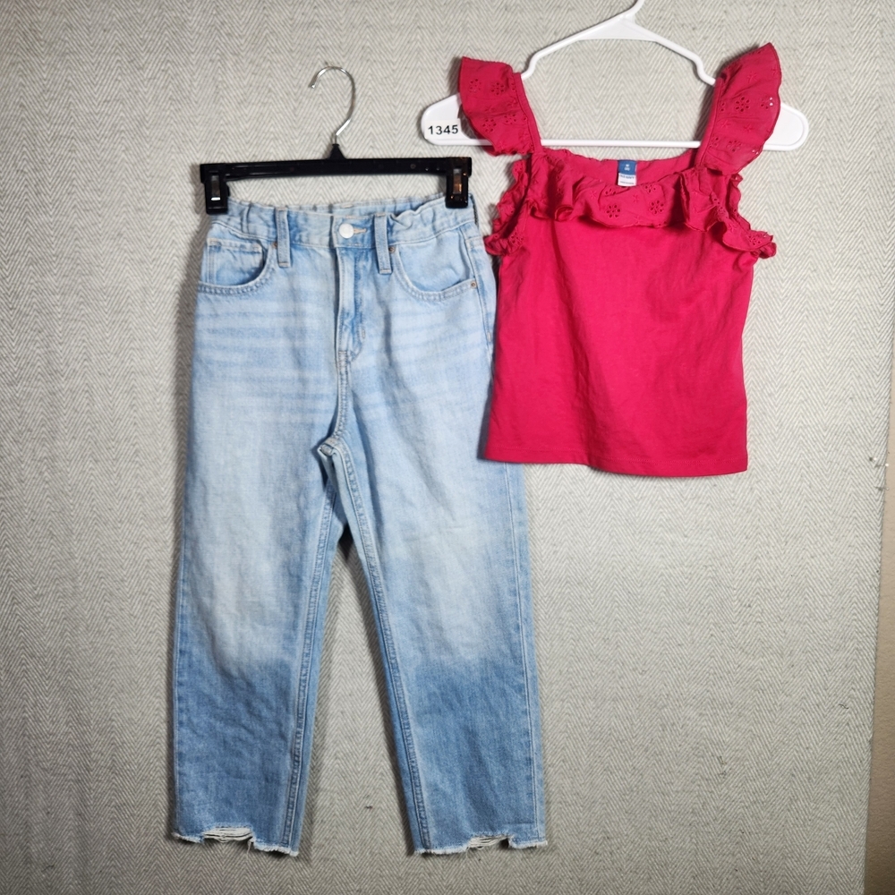 Old Navy Girls 8 Pink Ruffle Top and Light Blue Distressed Jeans Set
